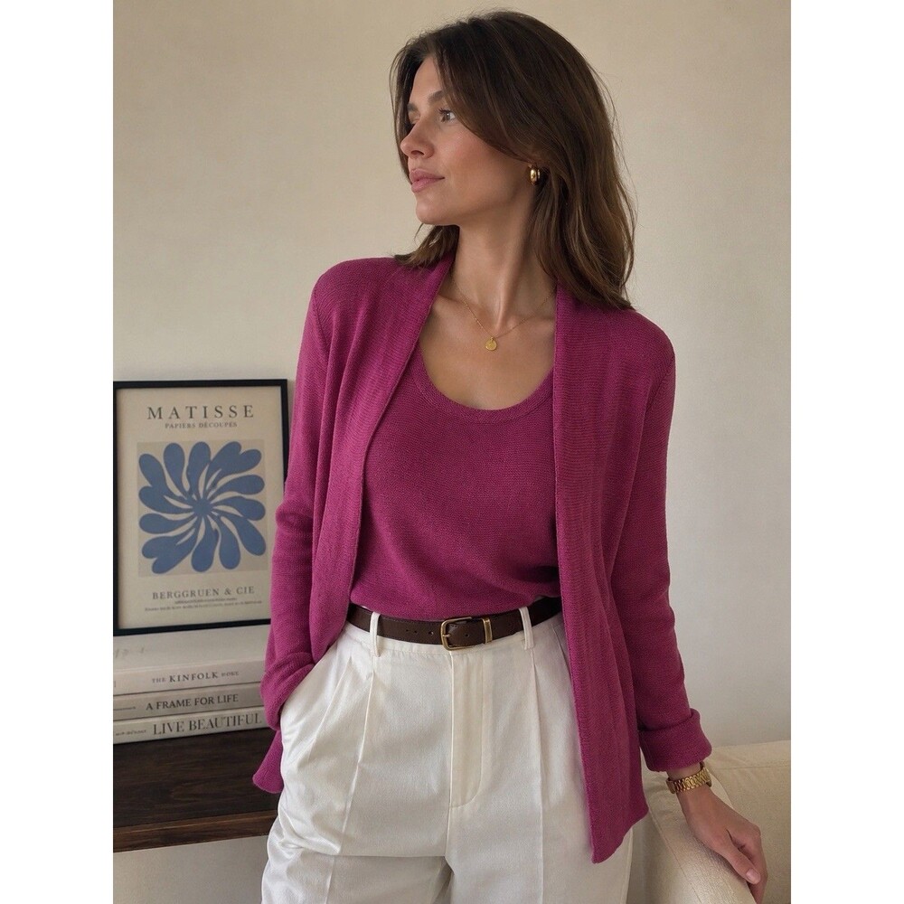 Eileen Fisher Linen Cotton Knit Twinset Cardigan Tank Set Pink Womenโs M Minimal